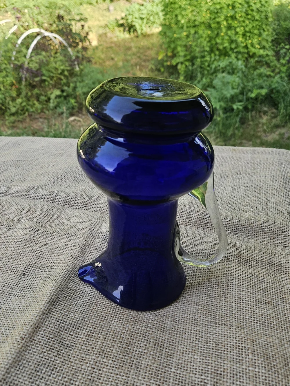Cobalt Blue Art Glass Pitcher with Clear Handle Makes a Nice Vase - Picture 4 of 12